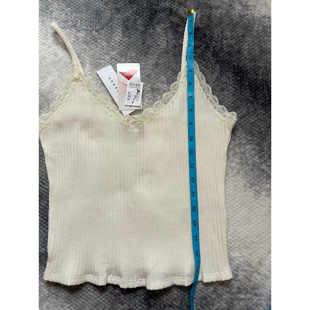 Topshop Lace Trim V Neck White Crop Cami Ribbed Top Size 12 Large Romantic NWT - Picture 6 of 9